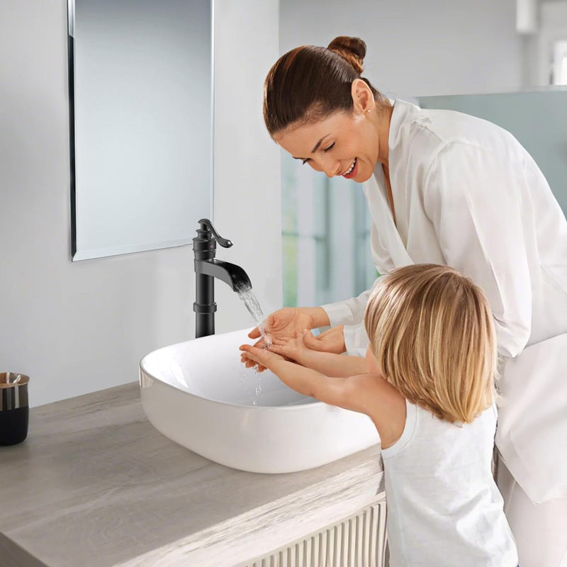 BATHLAVISH Vessel Sink Faucet, Matte Black Bathroom Waterfall Sink Faucet Tall Bathroom Single Handle 1 Hole Farmhouse with Pop Up Without Overflow Drain Lavatory - Image 2